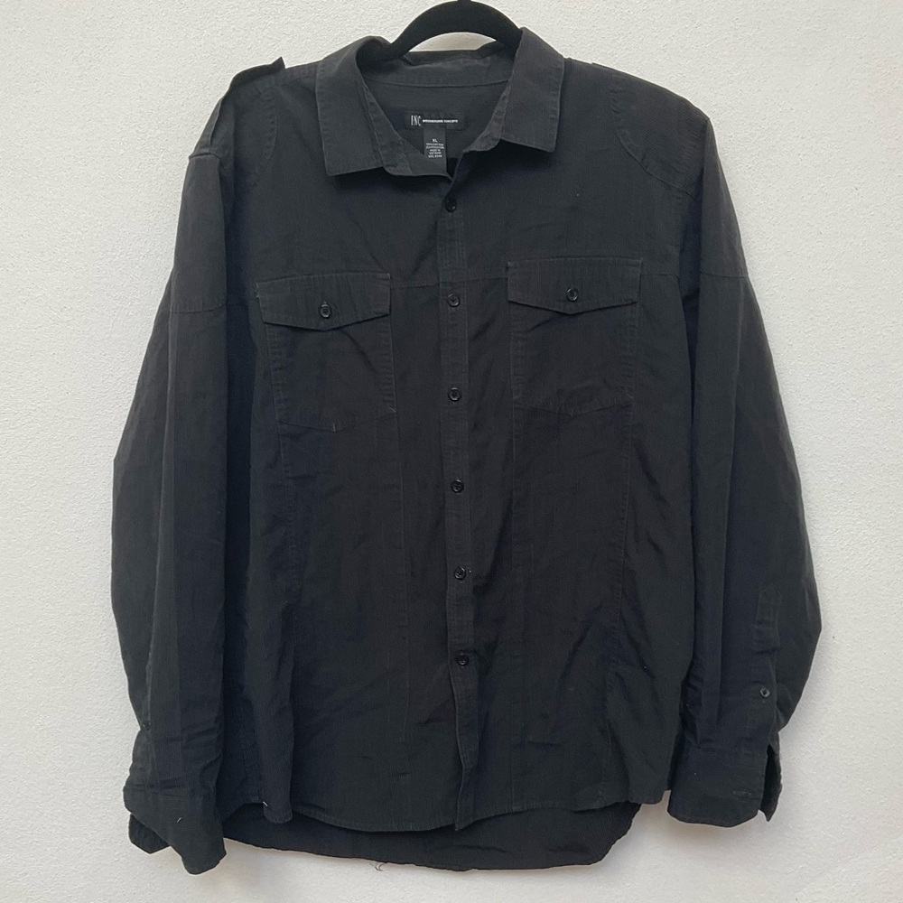 INC International Concepts Black, Grey Pinstripe Button Down Long Sleeve Size XL